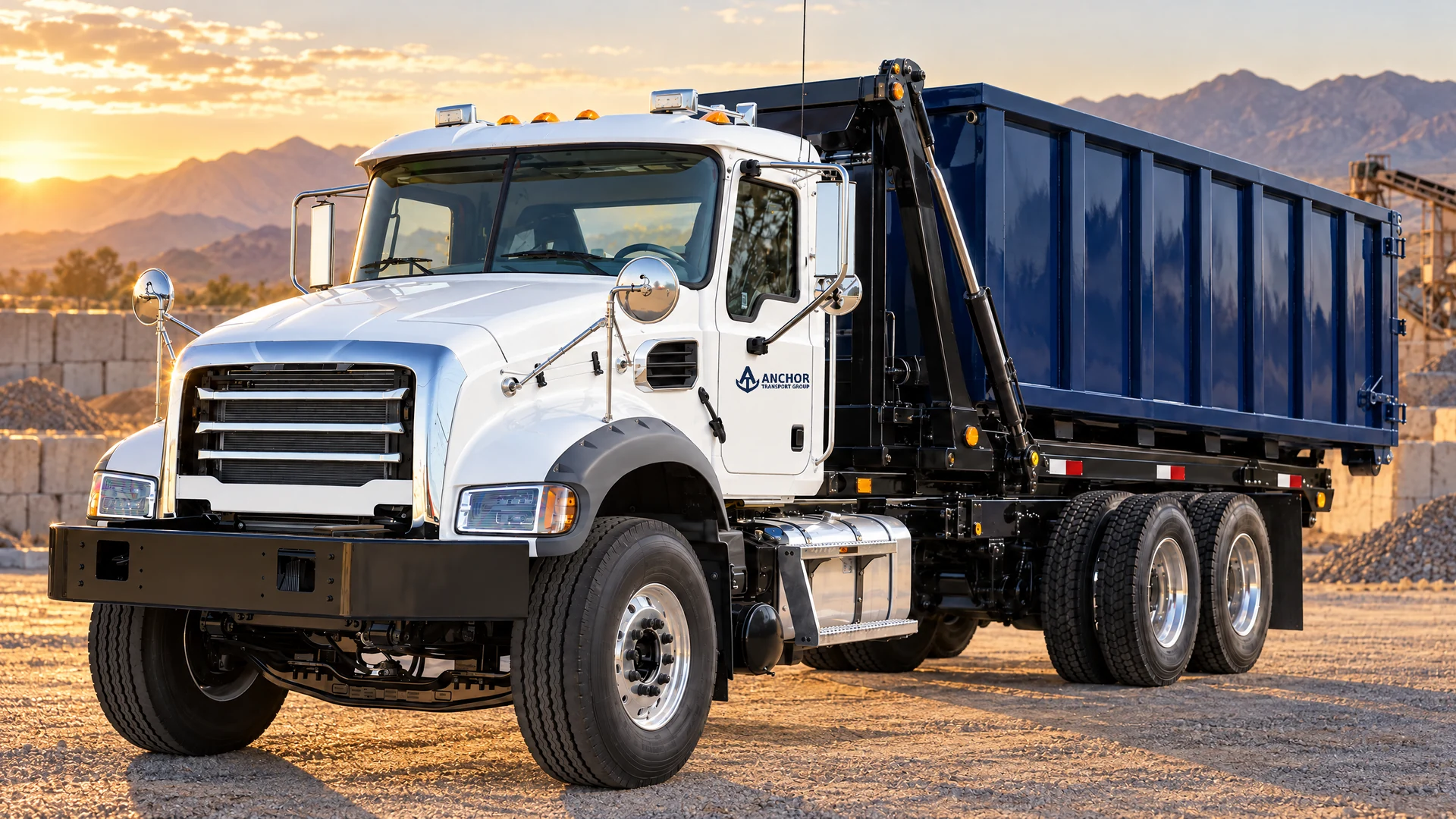 Anchor-branded roll-off truck serving a Nevada worksite